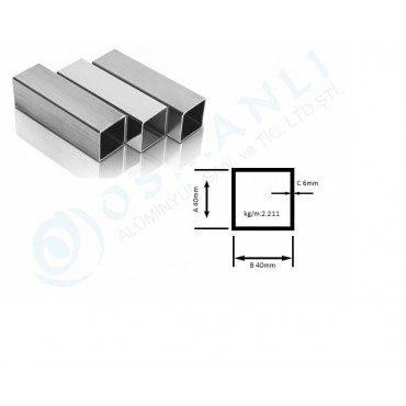Alüminyum Kutu Profil 40mm x   40mm Et Kalınlık 6mm